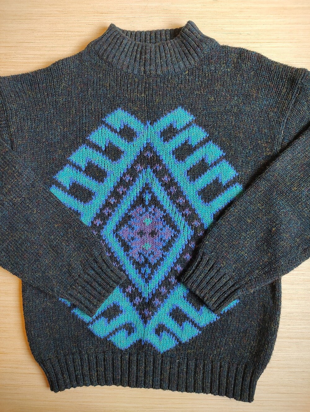 Concrete Mix Sweater Pullover Mock Neck Knit Chunky Vintage Blue Green Grey L
